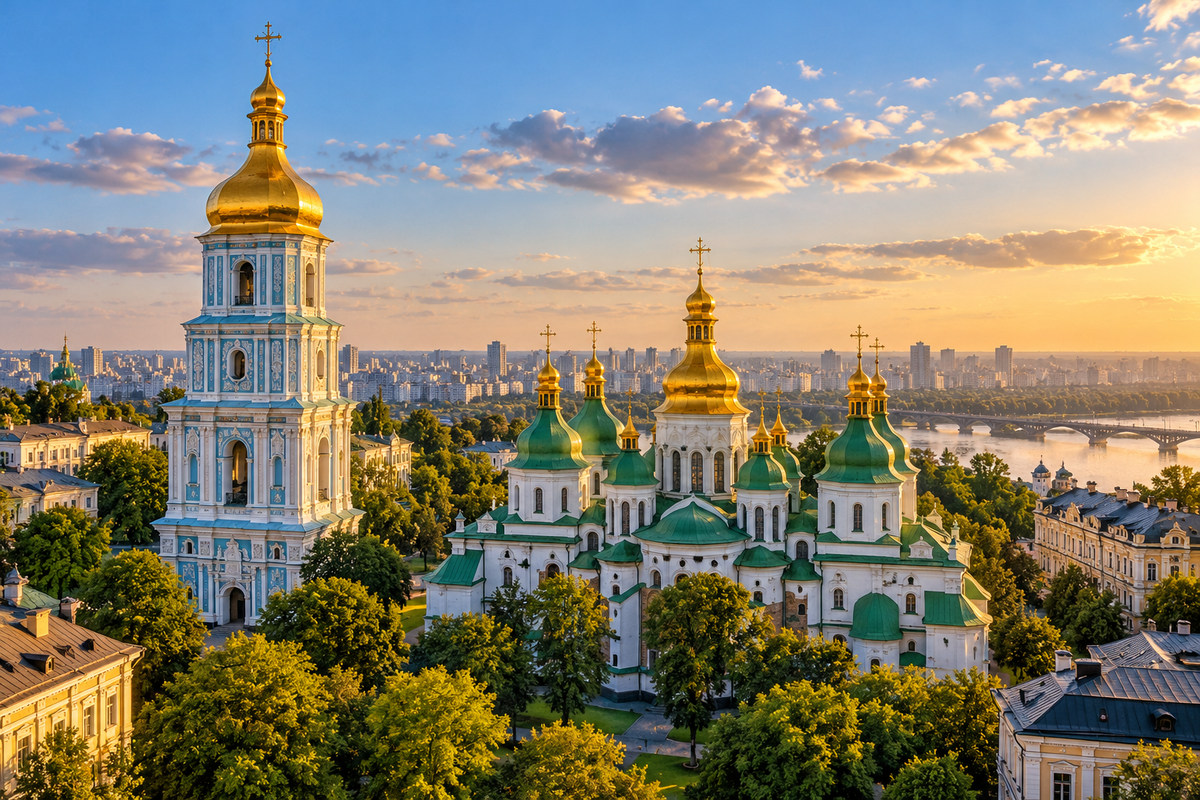 Художественная фотореалистичная панорама Софийского собора с золотыми куполами в Киеве на закате — иллюстрация к путеводителю по Украине